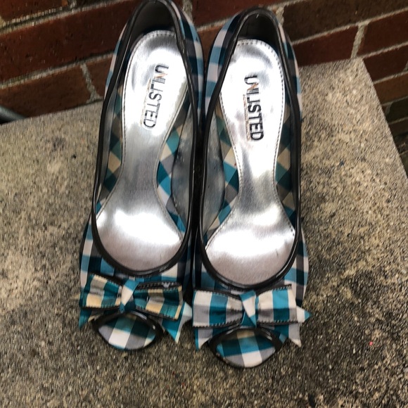 Unlisted Shoes - Blue and white checkered heels